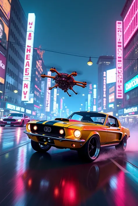 Epic NFS crossover scene: A yellow 1967 Mustang with black stripes races alongside a futuristic hovering car with neon wings in a cyberpunk city glowing in blue and pink neon, futuristic police drones trying to block the race, artificial rain creating rain...