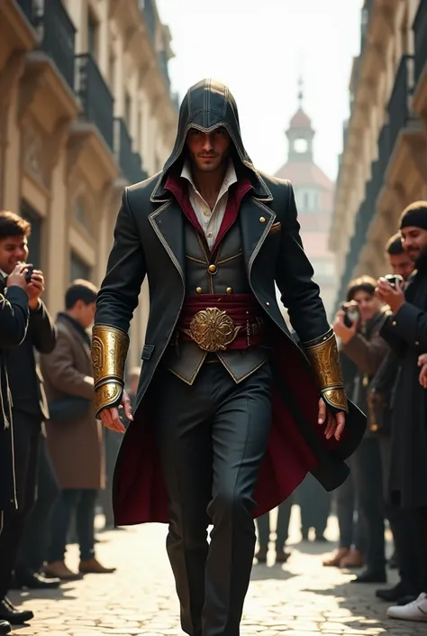 Ezio listens to Assassin'screed walking in a Hugo Boss suit with his assassin's hood and his golden assassin gauntlets on the streets of Madrid with the people who take pictures of him 