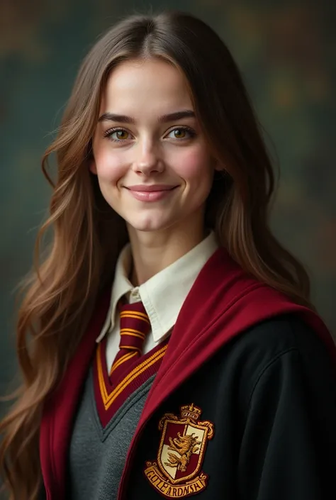 The pretty smiling face of my 17yo English daughter who looks similar to Emma Watson, brown eyes, long straight brunette hair, she is wearing a Gryffindor uniform which includes a cloak