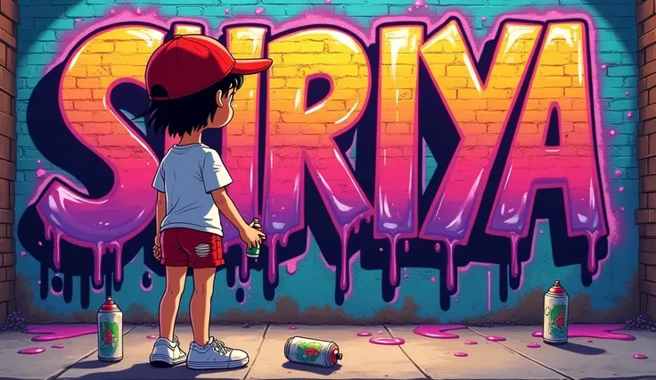 "A vibrant street art scene with a beautiful 20 year old chibi  girl in an white t-shirt, with  red cap and red rip shorts, white sneakers holding a spray can, facing a graffiti brick wall. The wall features the word 'SURIYA NAREE TAYLOR' in glossy bold, d...