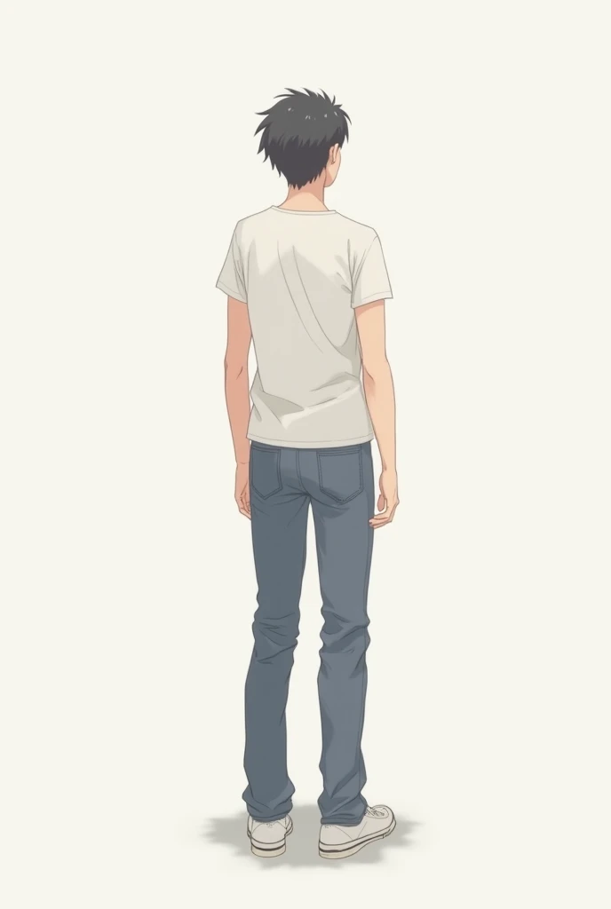 Make an anime man in normal clothes., Seen from behind make it simple