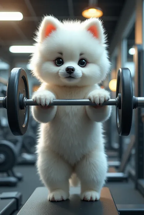 An ultra-realistic depiction of a female miniature white German Spitz dog, resembling a tiny bear, working out at a gym. She is using a squat machine, standing on her hind legs with her front paws gripping the handles. She is wearing a tiny, adorable worko...