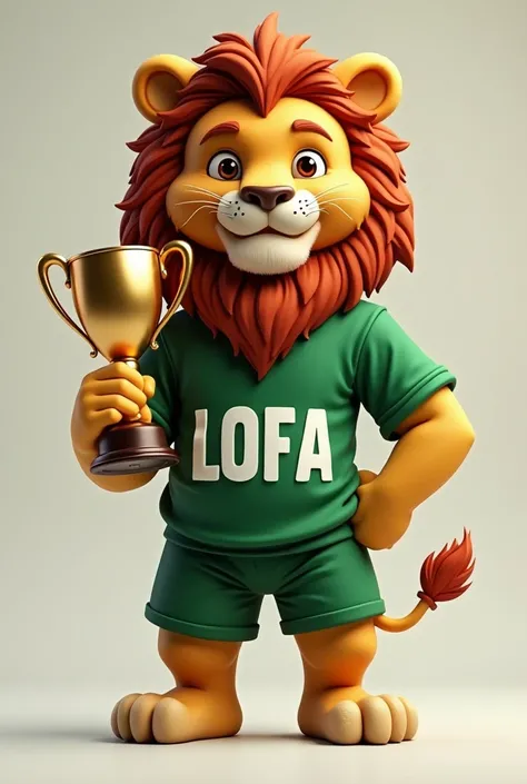 Center a lion in a green shirt write on it LOFA with a football cup