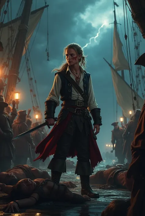 A 16-year-old pirate standing on the deck of an enemy ship, surrounded by hostile pirates. He has long, light-colored hair tied in a ponytail. His face bears a crazed grin, and a deep slash from an enemy saber runs across his right cheek. In his hand, he g...