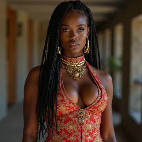 Stunningly attractive young black woman, Large breasts, bodybuilder, fashion, braids, different color clothing, different outfits, different hairstyles, super tight clothing, intricate clothing, complex clothing deep cleavage