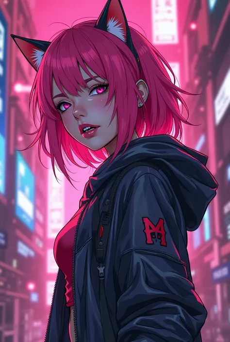  manga woman in cyberpunk style neon pink, cat ears,  page profile , drawing, Whole body, Action, Hoodie cool , vampire teeth 