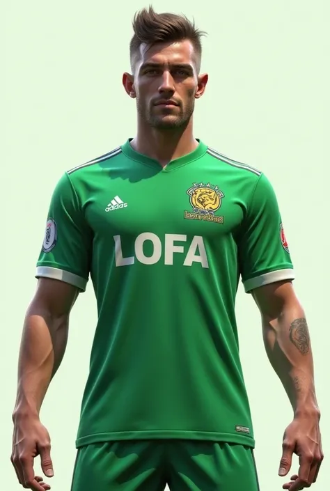 Create a player in a green shirt write on it LOFA and with the lion in a green shirt write on it LOFA 