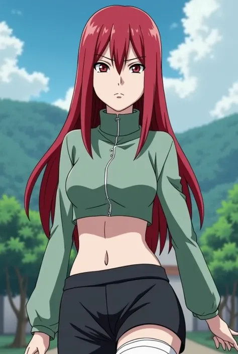  Screenshot Naruto Shippuden ,Older girl with straight red and long hair, white skin, Celestial Eyes,parts, Serious expression on the face ,lentes,Of clothing a short and tight crop top with a middle closure and a long sleeve collar,el crop top celeste, sh...