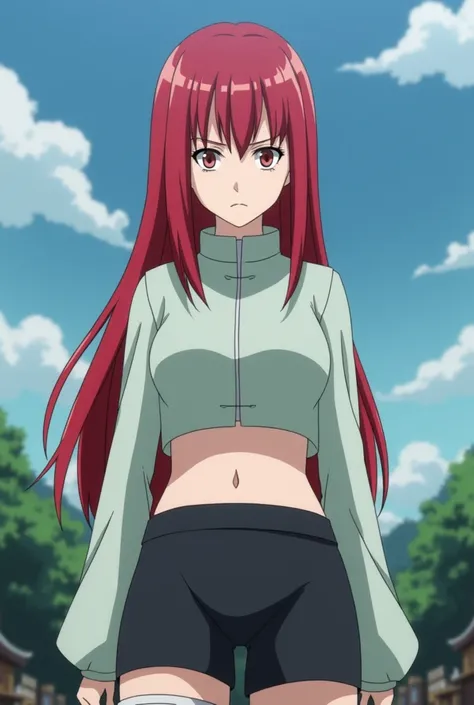  Screenshot Naruto Shippuden ,Older girl with straight red and long hair, white skin, Celestial Eyes,parts, Serious expression on the face ,lentes,Of clothing a short and tight crop top with a middle closure and a long sleeve collar,el crop top celeste, sh...