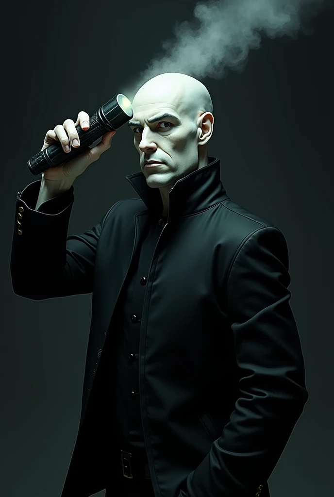  A white character wearing a black jacket  (Reference Dream from the comic book The Sandman )  with a flashlight that serves to carry people's memories