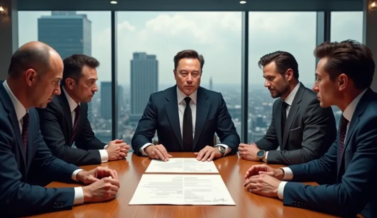 Elon Musk signing a contract with other businessmen