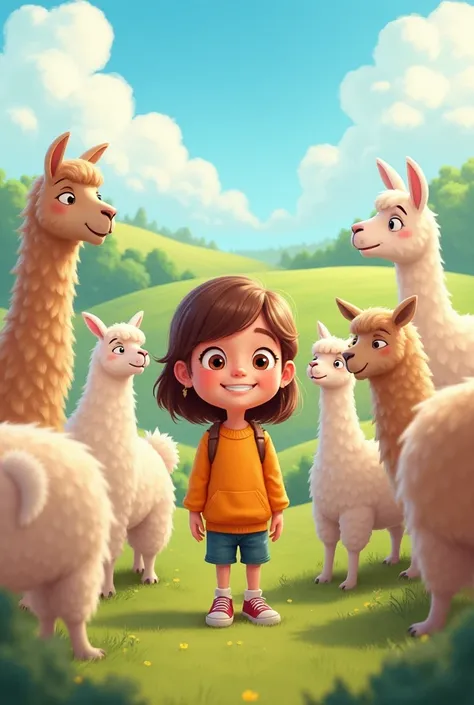 A cartoon of a brown-haired girl has alpacas behind her 