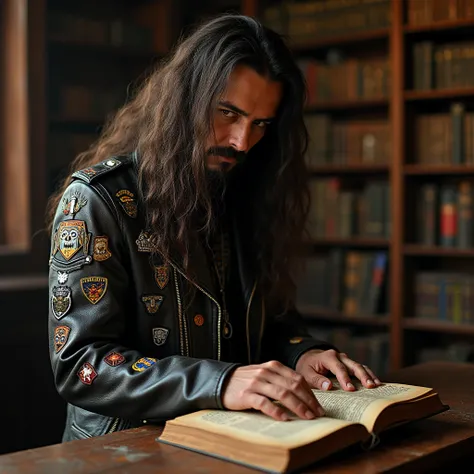 A long-haired man wearing a leather jacket full of metalhead emblems appears to be in a library, standing in front of a table while opening a book. The image is viewed from the side, making the book cover visible, with the title Total Kambuh written in a m...