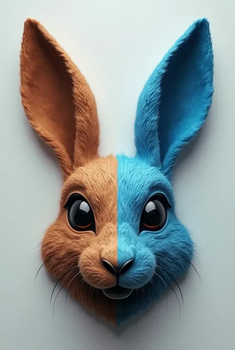 A Rabbit mask with half the face brown and the other blue