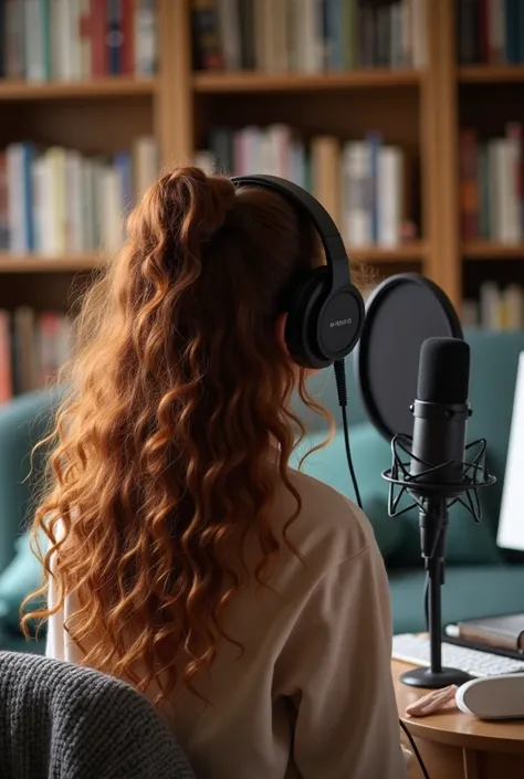 Make a photo where a girl with brown red wavy to curly hair with hair half up is making a podcast with a michrophone in a room with bookshelves and books and blanket in lap and the photo is taken from back. The girl is student with headphones and you can n...