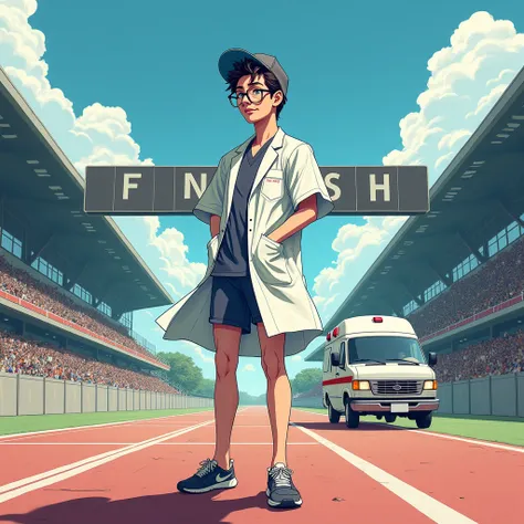 a man in an astrologer's cap, in shorts and a medical gown stands at the finish line next to an ambulance in anime style