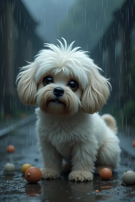 White hairy Lhasa Apso dog with balls in her beige fur with dark beige fur on her mustache and small teeth sticking out with dark eyes big tearful crying abandoned on a sad rainy night alone