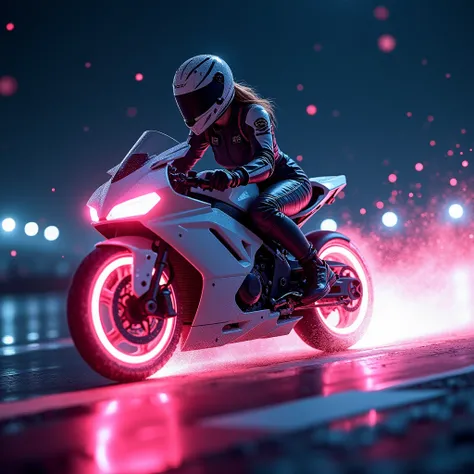 ((Laser Lighting)))((Soft Bokeh Image))A badass female racer in mid-action, turning as the tron bike emits a trail for light on the racetrack, the girl’s ((race helmet shimmers)) under the starlights in the glistening night with dynamic sparkling particles...