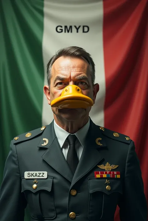 Military man with duck face, The uniform has a tag attached to it with the name SKAZZ and in the background there is an Italian flag with the words GMYD written on it