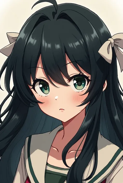 my hero academy, Girl with long black hair with messy bangs and two dark beige locks on the sides, dark green eyes and a white ribbon on the back of her hair 