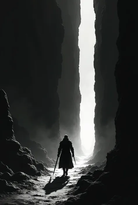 Black and white, a warrior walking into the void, at the end of the void, a black hold