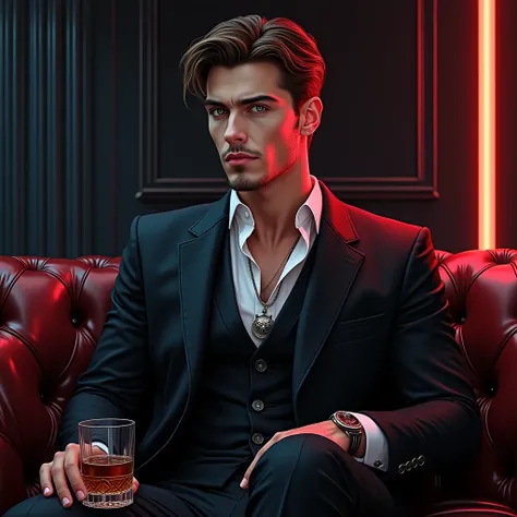  drawing style,     A handsome man with European features  ,  characteristics of HENRY CANVILL JOVEN   ,    brown hair  ,    white skin,    thick red lips  ,    long eyelashes  , very muscular body ,    detailed facial features   , He is totally serious,  ...