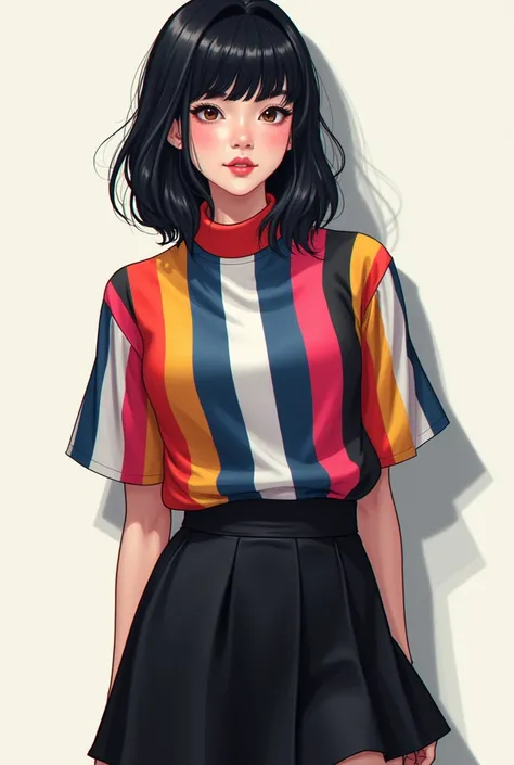  create the design of an 18-year-old girl with black shoulder length hair,  colorful striped high neck blouse , black skirt and black boot 