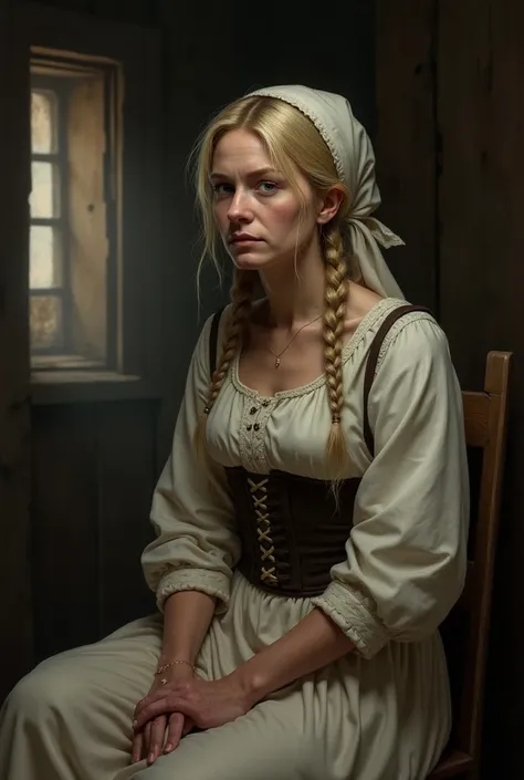 Draw a medieval white female servant, a bit bulky, 45 years old, blonde braided with blue eyes, wearing a white kerchief and white dress and corset sits in an inn humiliated