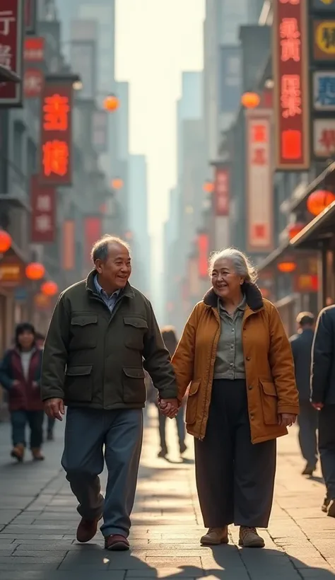 Holding hand on street, fat middle aged Chinese couple