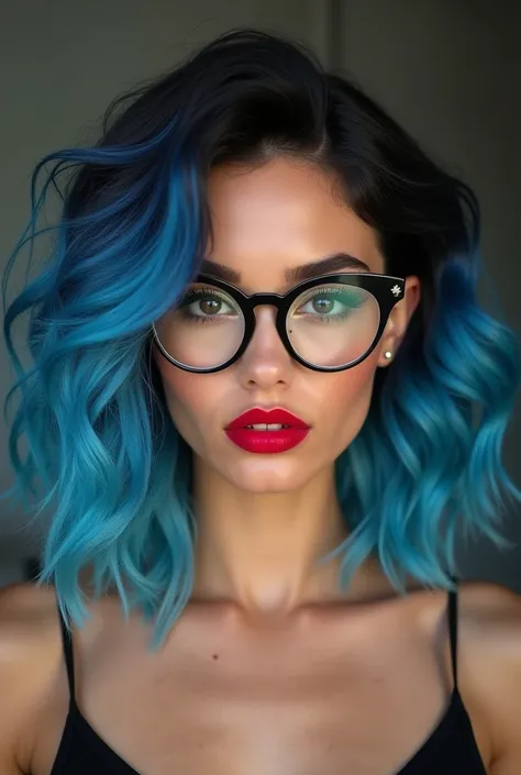 Create a light-skinned model wavy hair with blue tips ,rounded and black eyes with eyeliner, full lips and red lipstick from about 35 years old skinny athletics who are wearing glasses 