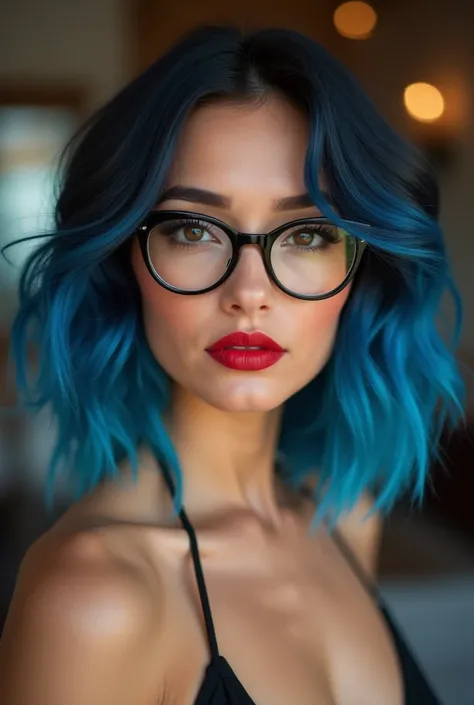 Create a light-skinned model wavy hair with blue tips ,rounded and black eyes with eyeliner, full lips and red lipstick from about 35 years old skinny athletics who are wearing glasses 