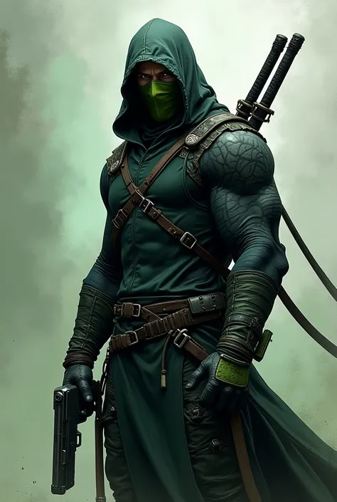 Create an anti-hero character with colors black and gray and mulatto green dominate muscle but not too much with retractable blades on the wrists and 2 katanas on the shoulders with a mask that covers his face that is not too muscular and with a gun on his...