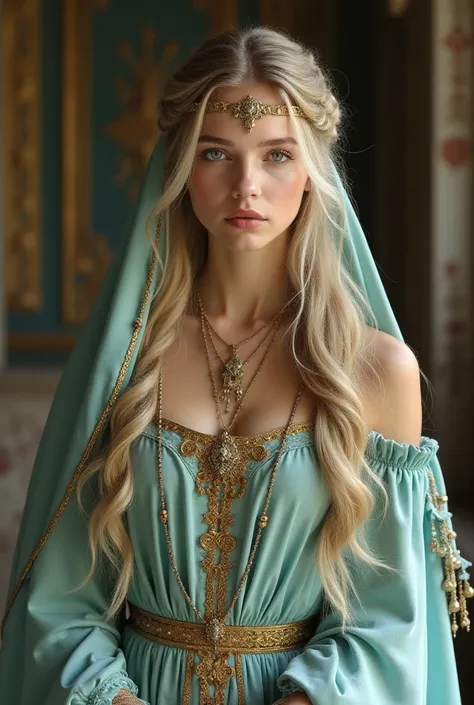 An 18-year-old woman, WITH THE BEAUTY OF AN EXTREMELY BEAUTIFUL GODDESS, with fair skin and BLUE-GREEN EYES, with Italian features and soft makeup, with LONG, WAVY LIGHT BLOND HAIR DECORATED WITH SMALL BRAIDS AND A RELIGIOUS VEIL MADE OF LIGHT BLUE-GREEN F...