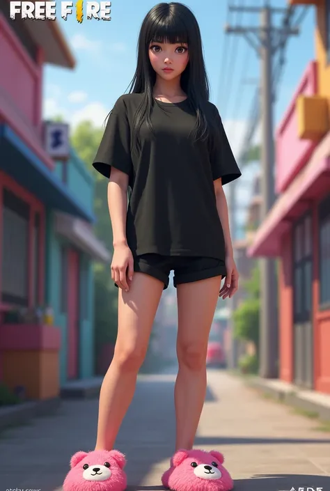 A realistic female character in the Free Fire style with half straight black hair with bangs wearing a plain black t-shirt with plain black shorts with a pink bear slipper