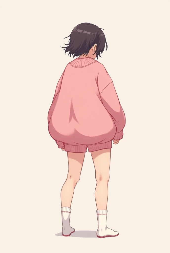 Anime boy with super duper thick thighs and looks feminine with a pink super large sweater and white cute thigh high socks short hair and wearing very short shorts 