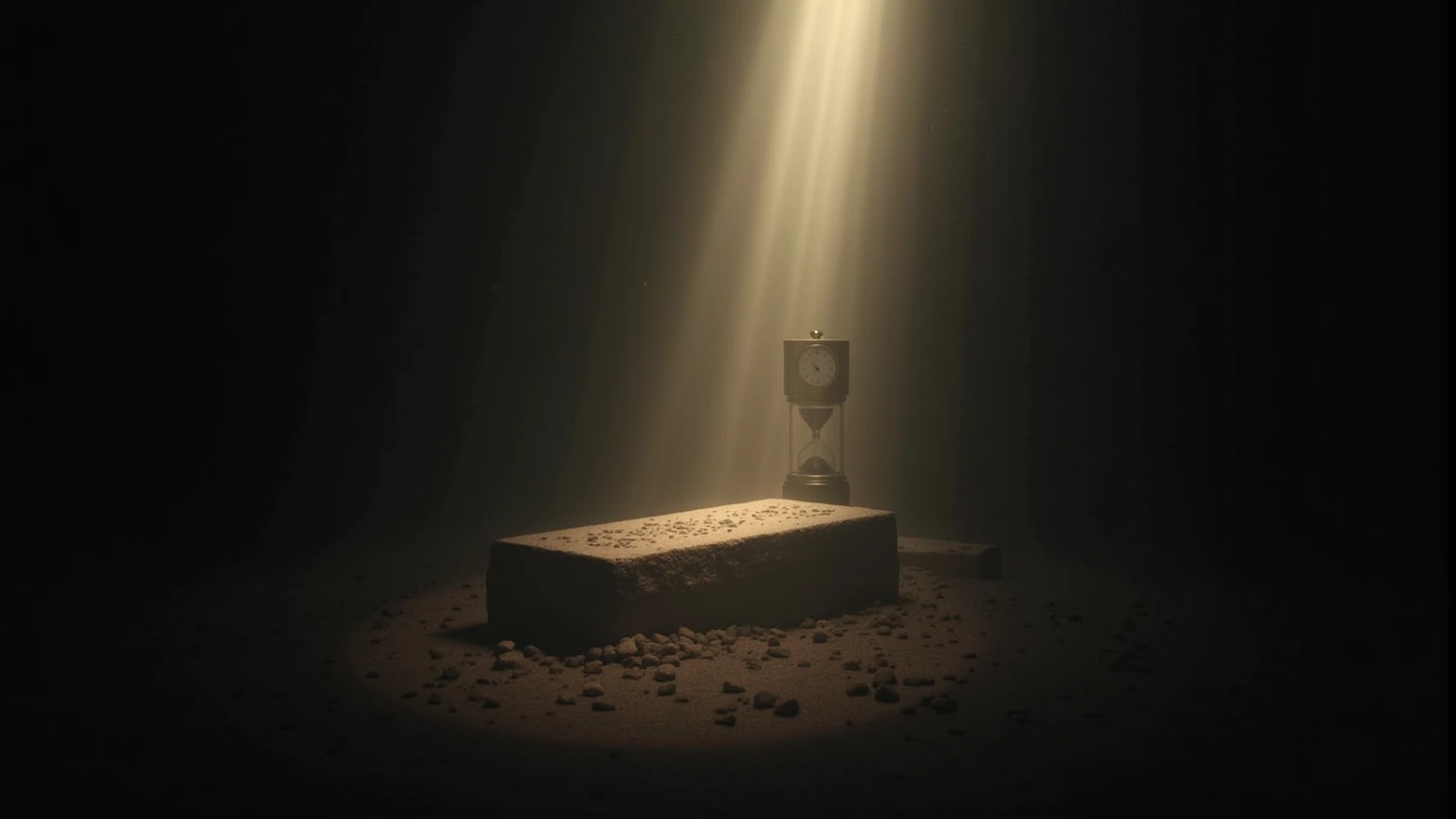  Reflective Spiritual Scenario :

An image of an empty tomb with a beam of heavenly light shining upon it ,  symbolizing hope in the resurrection .
 dark background to give a tone of mystery and reflection , 
 Clock of Life and Eternity :

 A sand clock dr...