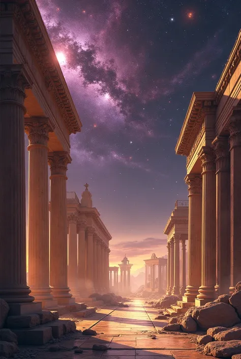 image of Greek columns and buildings seen from the front with the universe in a black and purple background and flashes of golden light in all its glory