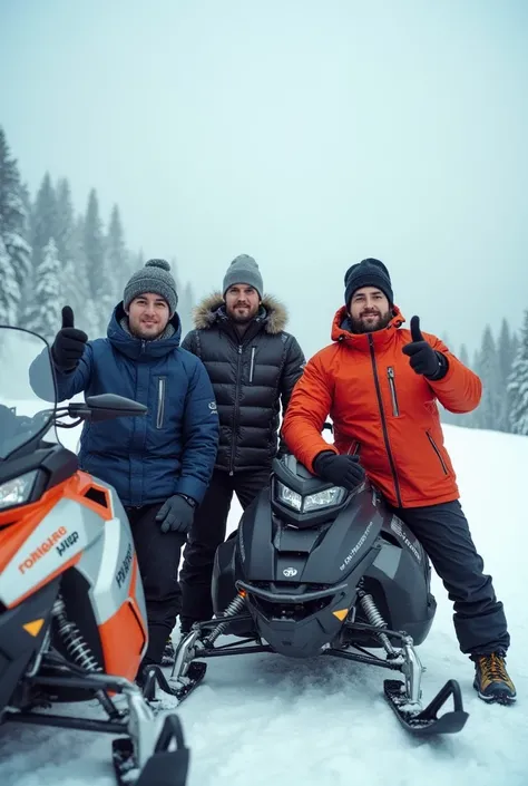 Create a close up image: 3 defined tall men sitting posing with their hands with the gesture of good , leaning on snowmobiles posing, with a ROMAREZ HOODED PUFFER  , In a mountain of snow,  in Switzerland  