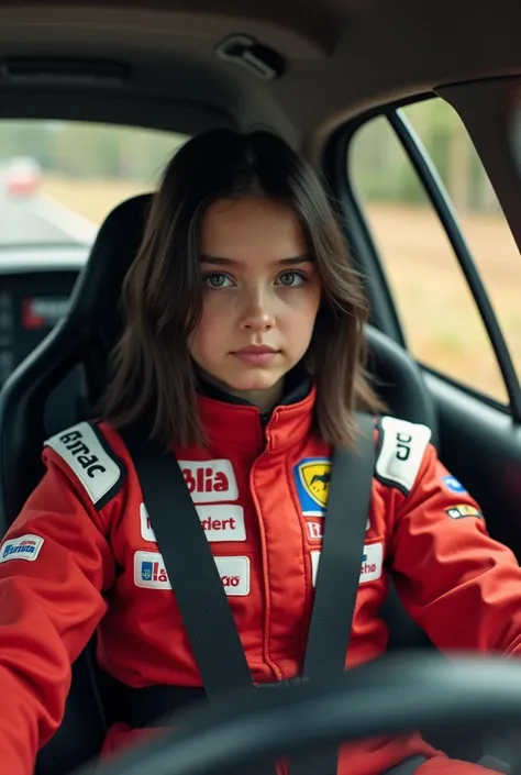 
hyperrealistic photo of a girl taking part in a car race on a track that goes through the forest, sitting in car taking part in Rajd Podlaski, dirt is spraying from under the tires, she is in the costume of a car race competitor in Poland, she has medium-...