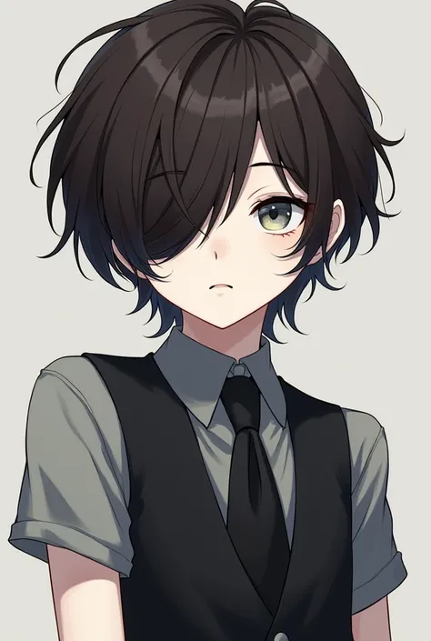 Can you create an anime-style boy with literally white skin, with dark brown hair (covering the eye )with a gray short-sleeved blouse , with a sleeveless black jacket with a tie
(Serious humor )