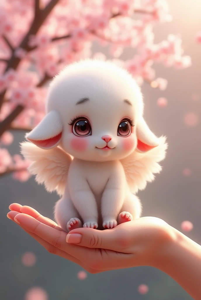 A little angel sitting on a person's hand, Cherry blossom tree in the background,  detailed fur with lowered ears,  cute expression,  photorealistic,  complicated details,  soft lighting,
  pastel color ,   high quality,   I arranged the  , 8k,  Masterpiec...