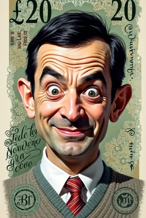 A £20 note with Mr beans head on it