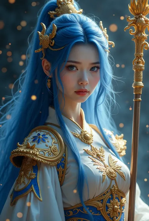 A fantasy Chinese anime mix photography of A beauty young Chinese woman with long flowing blue hair closed half face and intricate golden armor adorned with blue and white accents, holding a gold dragon spear,  The background is dark with glowing particles...