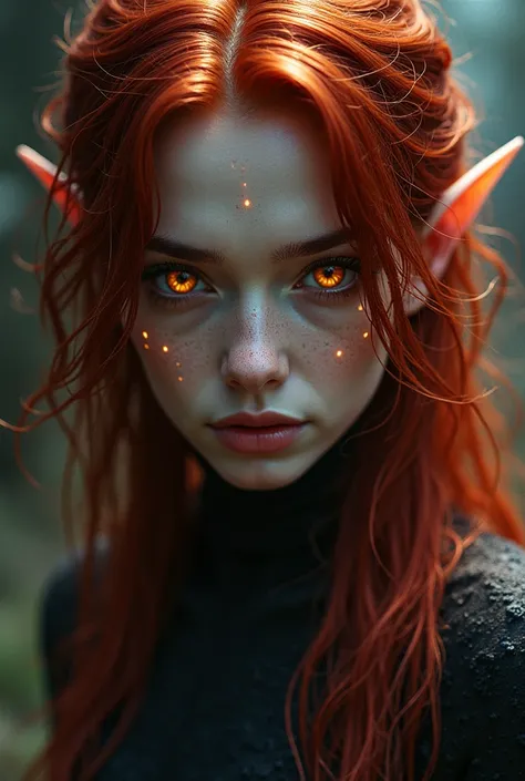 A character of a fantasy book with dark and red hair and red and yellow eyes