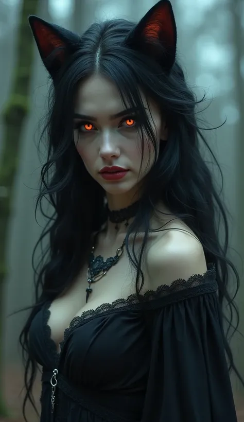 The hybrid between a vampire woman and a she-wolf would be a creature of dark and wild beauty, combining the lethal elegance of vampires with the primal ferocity of werewolves. Her skin might be pale as the moon but with a slight ashen or grayish tint, evo...