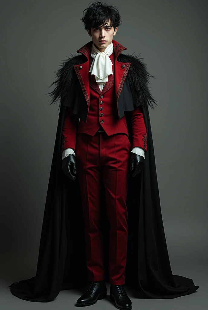 "A full-body portrait of a dark and elegant young nobleman with messy, slightly curled black hair and piercing red eyes that glow with an enigmatic intensity. He wears a Victorian-style red and black suit, finely tailored to his slender frame, with intrica...