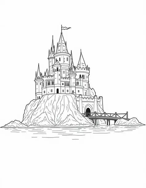 Make A medieval castle perched on a rocky hill, with stone walls, high towers, and a wooden drawbridge leading over a quiet moat, everything done like line art. coloring page