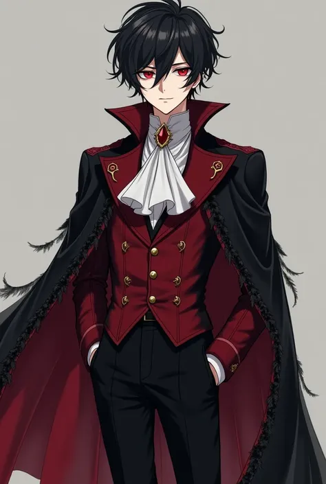 "A full-body portrait of a dark and elegant young nobleman in anime style. He has messy, slightly curled black hair and piercing red eyes that glow with an enigmatic intensity. He wears a Victorian-style red and black suit, finely tailored to his slender f...