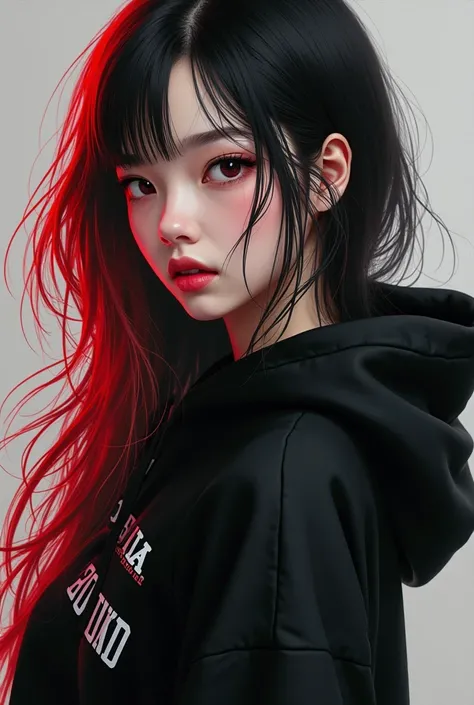 Better do it with black hair and some parts in red and white but on the middle down hair, and she is wearing a black hoodie with some details in red and white