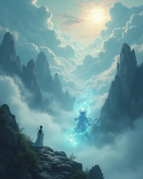 A mystical scene depicting the Queen Mother of the West (Xiwangmu) in her heavenly realm, surrounded by clouds, mist, and magical creatures, focusing on textures, realistic, highly detailed, HDR, RAW photos, increase the resolution, A serene landscape in a...